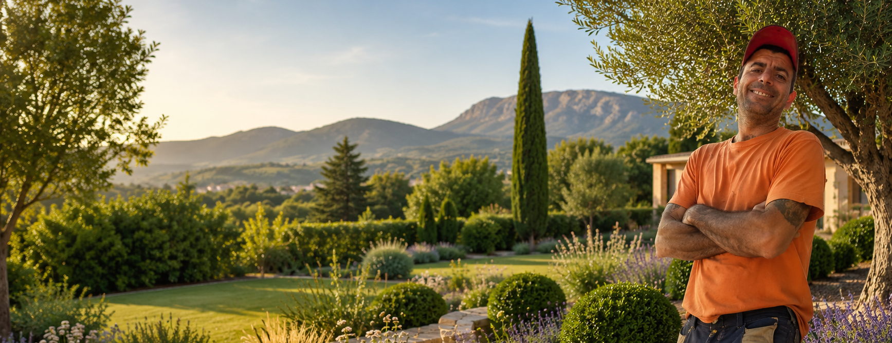 Le jardinier de Mas-if de Provence dans un jardin méditerranéen aménagé, devant les collines du Pays d’Aix