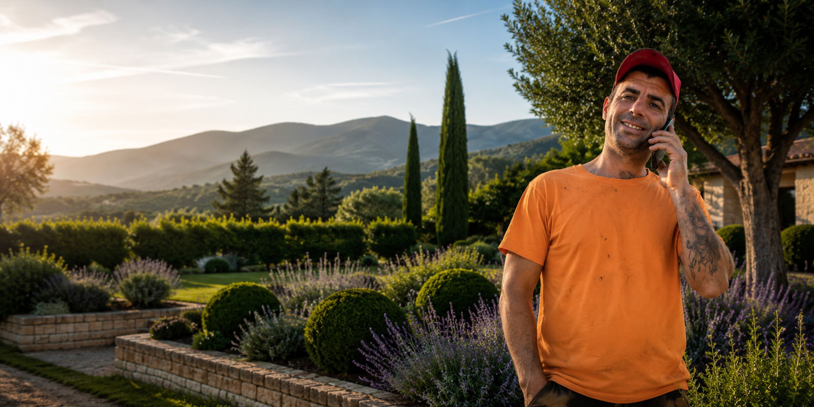 Jardinier au téléphone dans un jardin provençal, au coucher du soleil