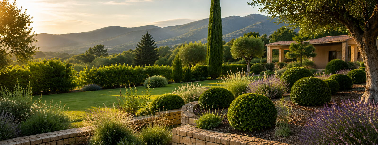 Jardin méditerranéen aménagé en Provence, au coucher du soleil