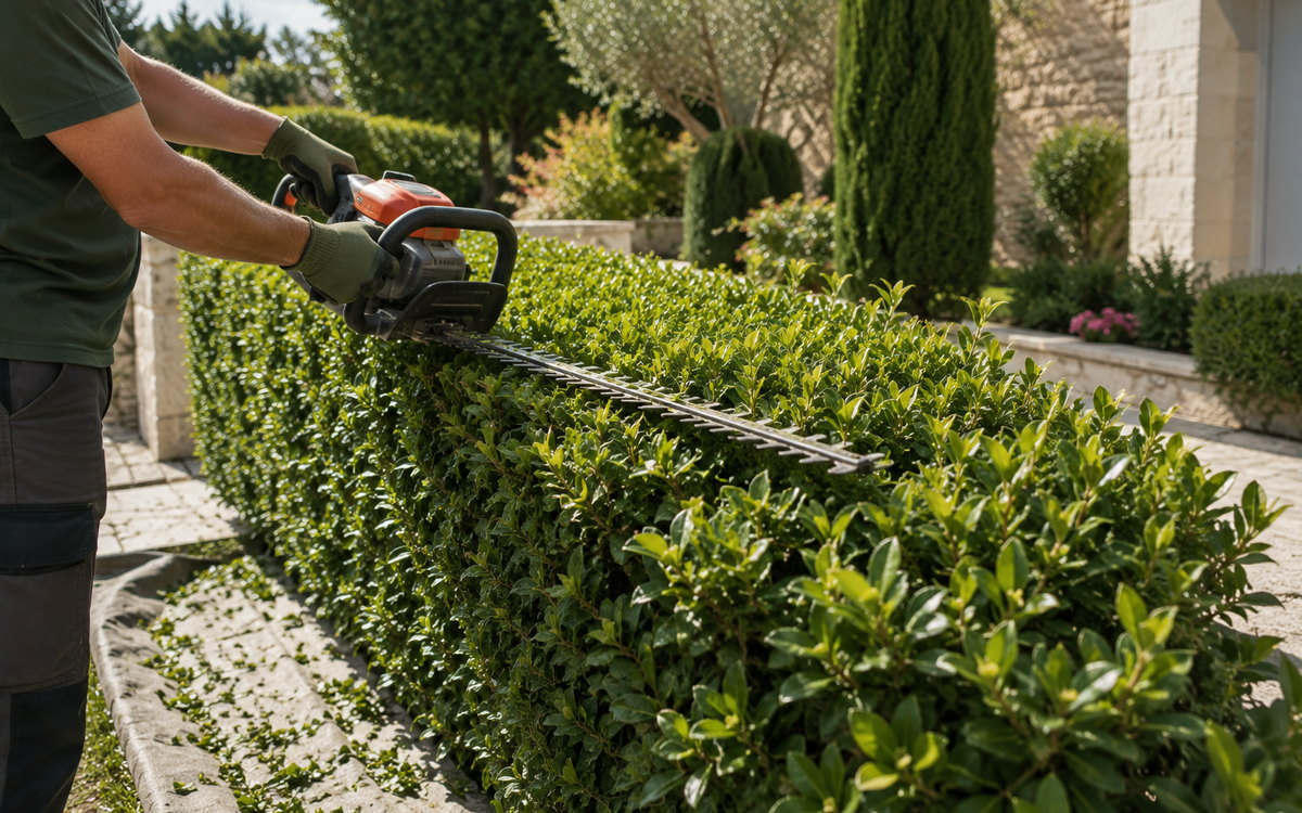 Jardinier taillant une haie de troène au taille-haie dans un jardin provençal