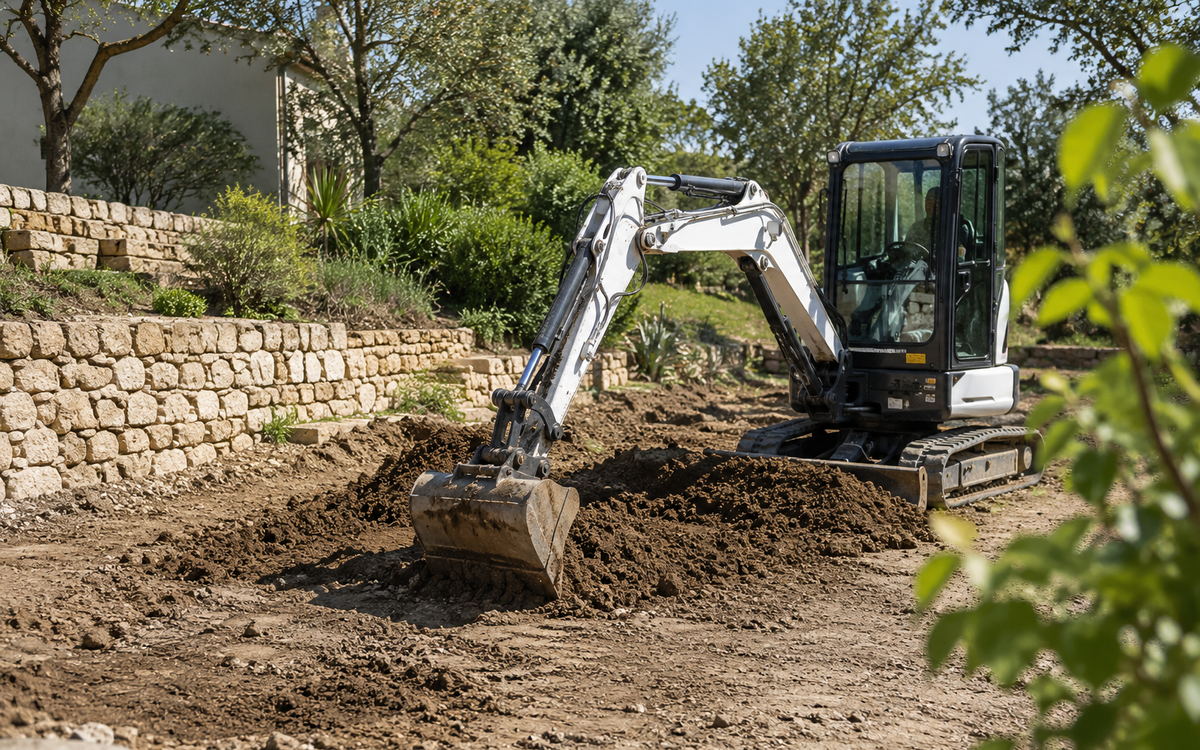 Mini-pelle nivelant un terrain de jardin devant des restanques en pierre sèche
